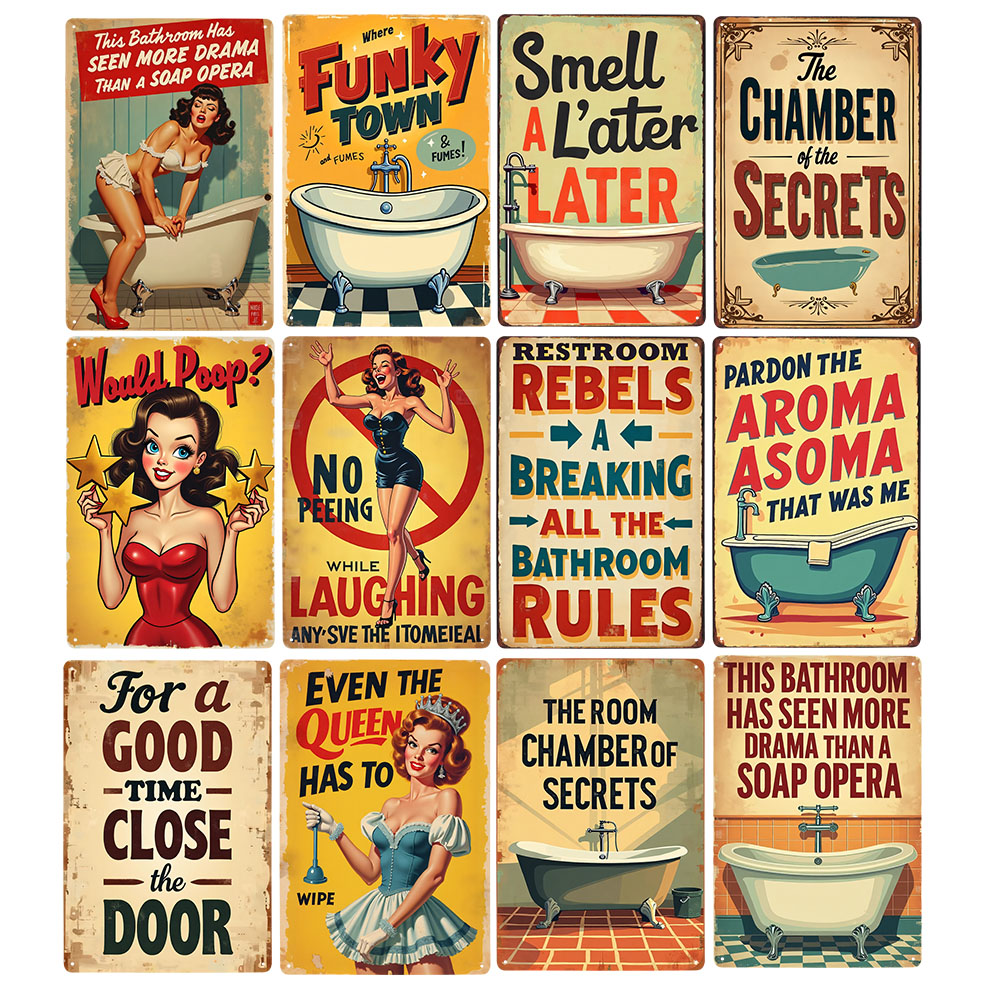 Home Bathroom Rules - Zabawne Zasady Toalety Vintage Metalowy Znak