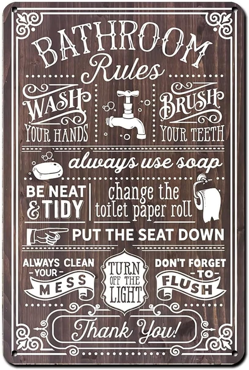 Home Bathroom Rules - Zabawny Vintage Metalowy Znak Zasady Toalety