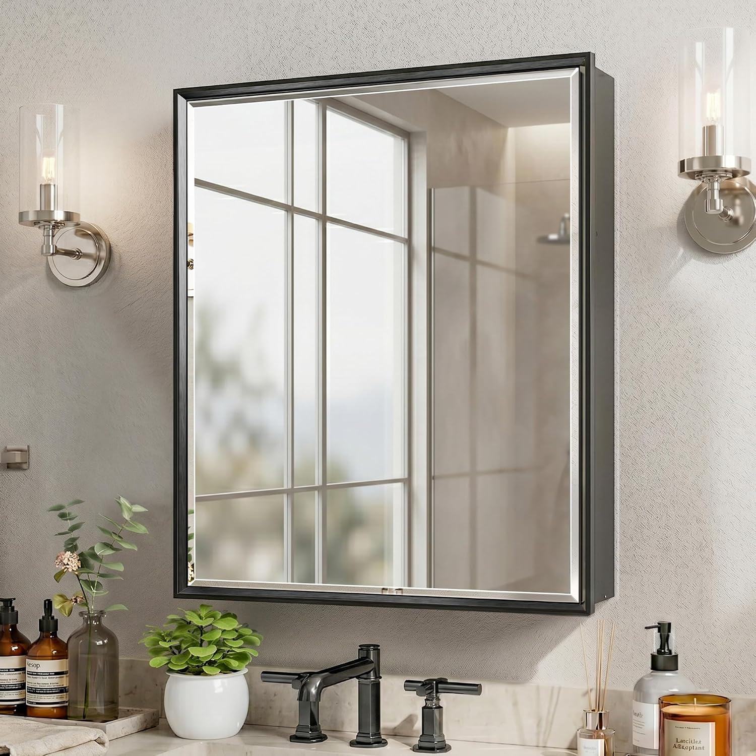 Bathroom Cabinet Mirror - Czarna szafka łazienkowa z lustrem, wpuszczana,