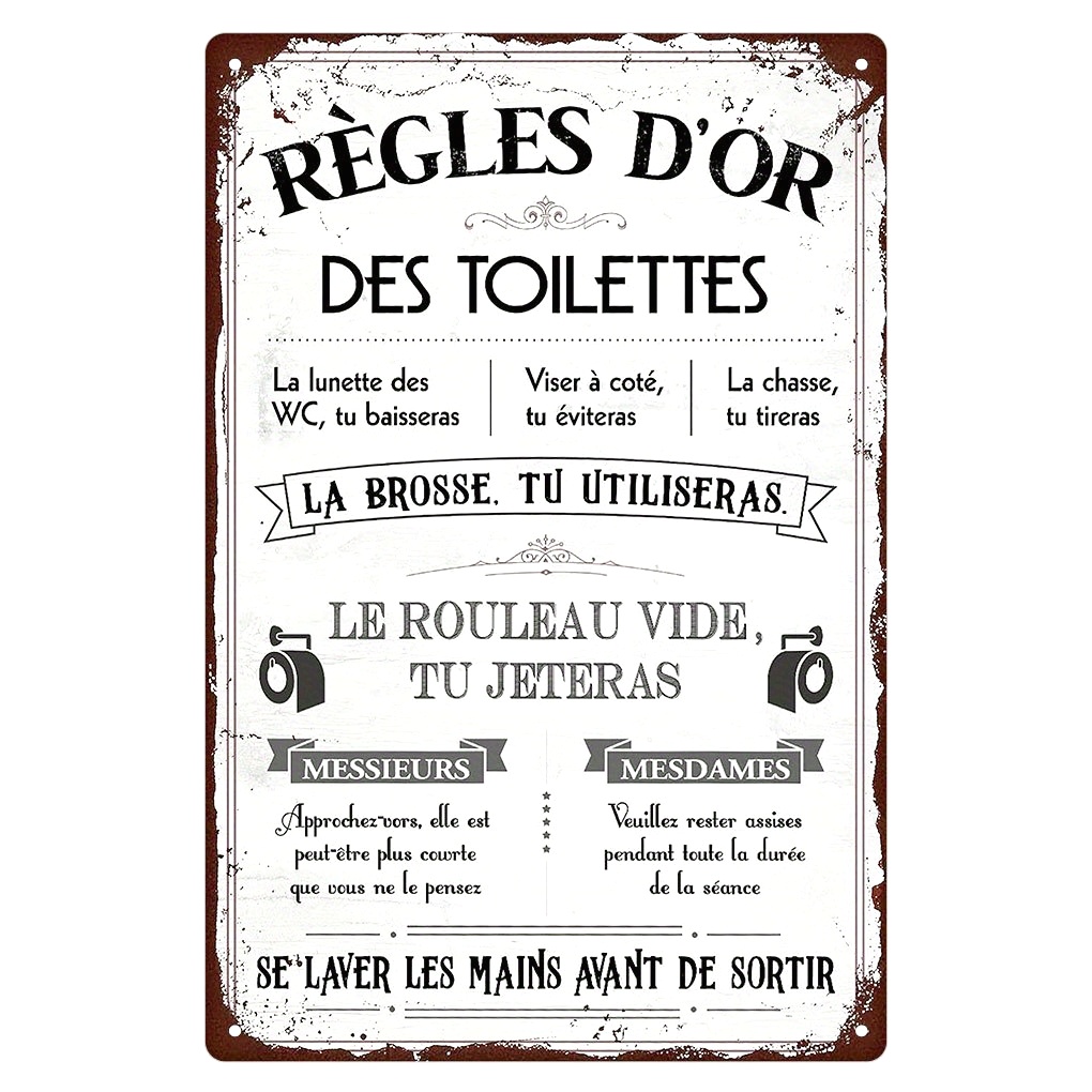 Home Bathroom Rules - Zabawny francuski cytat, metalowy znak na